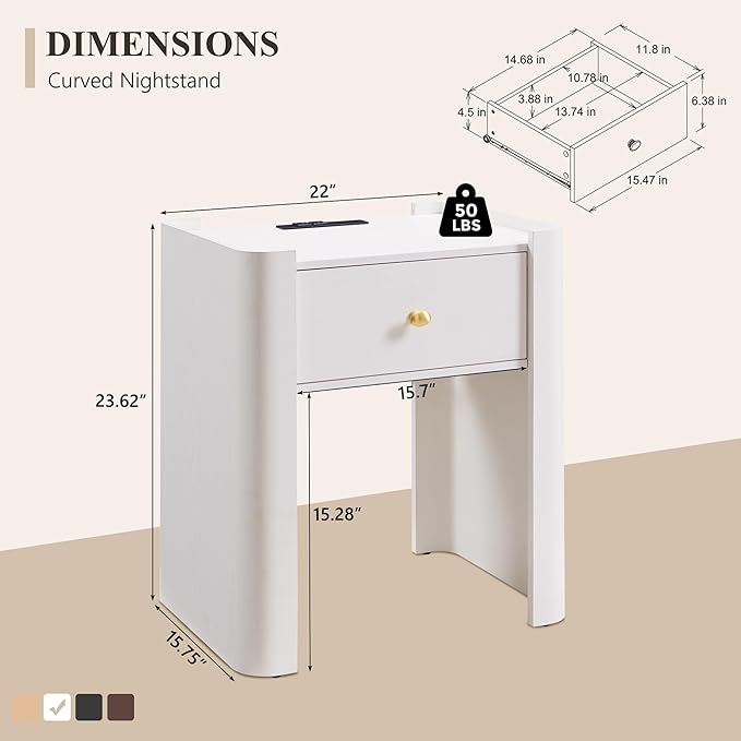 IFGET 23.6" Tall Modern Nightstand with Charging Station, 22" Wide Curved Bedside Table with 1 Storage Drawer, Wooden Night Stand, Large End Table for Bedroom, Living Room, White