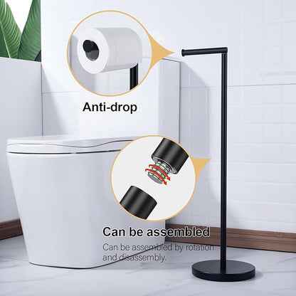 BAGNOLUX Bathroom Toilet Paper Holder Stand with Reserve, SUS304 Stainless Steel Rustproof Pedestal Tissue Roll Holder Heavy Duty (Matte Black)