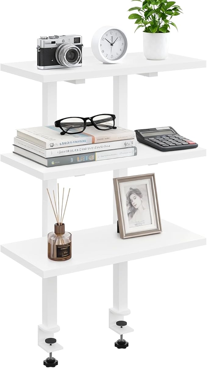 Clamp On Desk Organizer, 3-Tier Desktop Bookshelf, Adjustable Desk Storage Shelf, Metal Frame, for Office, Study and Game Room, White DSWT3601