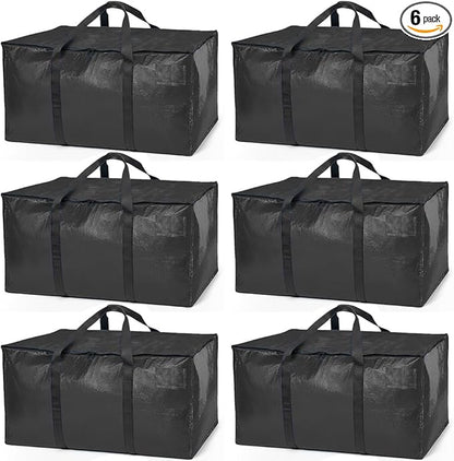 ClearSpace Heavy Duty Moving Bags or Storage Bags – Black Storage Bins with Lids, Large Moving Boxes with Backpack Straps & Zippers,– Packing Box & Moving Supplies for College Dorm, 6 Pack