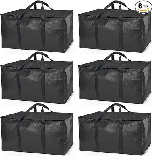 ClearSpace Heavy Duty Moving Bags or Storage Bags – Black Storage Bins with Lids, Large Moving Boxes with Backpack Straps & Zippers,– Packing Box & Moving Supplies for College Dorm, 6 Pack