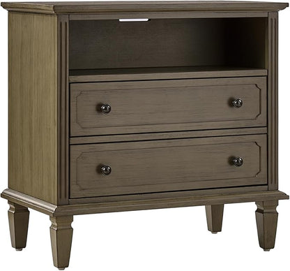 HULALA HOME Farmhouse End Table with Charging Station, End Table with USB Ports & Outlets, Fluted Pilasters Design Side Table with Open Space and 2 Drawers Dresser for Living Room, KONA