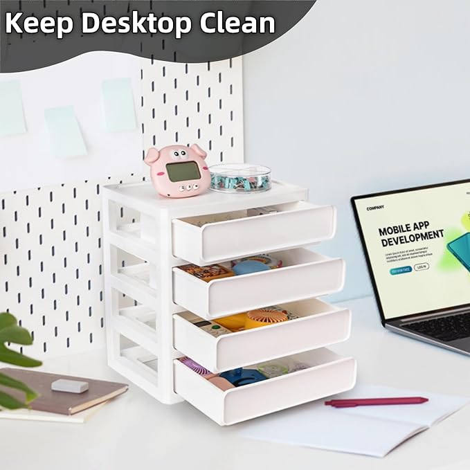 Desk Organizer with 4 Drawers, Plastic Desktop Storage Unit, Small Storage Bin Container for Countertop, Makeup, Stationery, Art Crafts, Home Office Bathroom, White