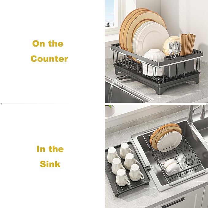 WENVITA Expandable Dish Drying Rack Over Sink, Space-Saving Dish Racks for Kitchen Counter, Dish Drainer Rack in Sink with Removable Utensil Holders, 11.2" D x 14.5" W x 4.5" H, Black