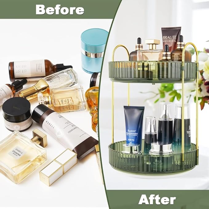 Satpurush 360° Rotating Makeup Organizer, 2 Tier Spinning Cosmetic Organizer for Vanity & Bathroom Countertop, Holds Tall Skincare Bottles, Perfume & Beauty Accessories – Clear Green