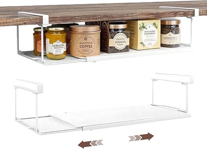 Expandable Hanging Under Shelf Storage Basket,Under Shelf Storage Organizer,Under Hanging Baskets for Cabinet,Pantry, Desk Organization,7.87" D x 14.96"-27.56W x 5.12" H,White