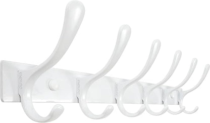 SKOLOO Heavy Duty Wall Mounted Coat Rack - 6 Hooks, Stainless Steel, Sturdy Coat Hooks for Hanging Clothes, Jacket, Hat, White
