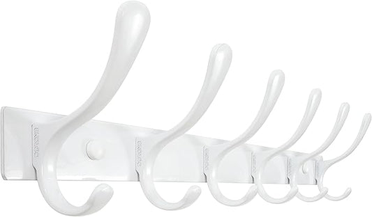 SKOLOO Heavy Duty Wall Mounted Coat Rack - 6 Hooks, Stainless Steel, Sturdy Coat Hooks for Hanging Clothes, Jacket, Hat, White