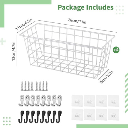 4PCS Hanging Wall Basket Wire Storage Baskets, White Wire Basket for Cabinet Door Organizer with 8 Hooks, Wall Mounted Shelf for Kitchen, Garage and Bathroom