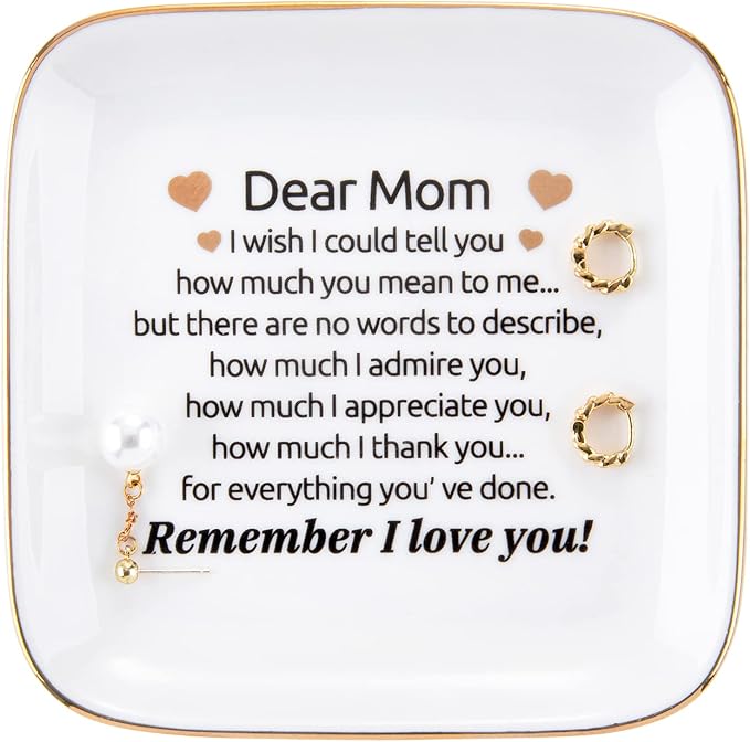 Kaidouma Mom Birthday Gifts - Ceramic Ring Dish Jewelry Plate Trinket Tray - Mother's Day & for Mom - Remember I Love You