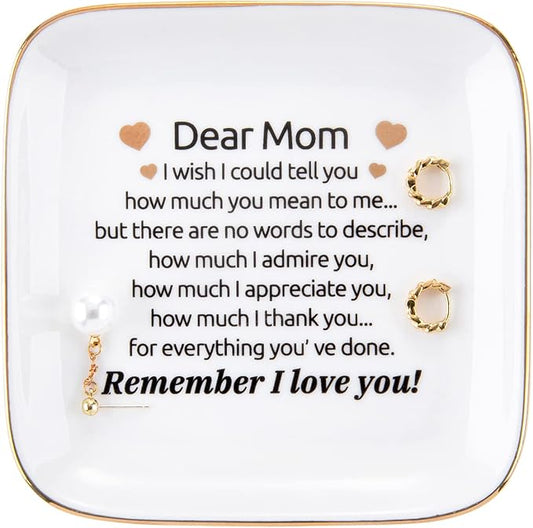 Kaidouma Mom Birthday Gifts - Ceramic Ring Dish Jewelry Plate Trinket Tray - Mother's Day & for Mom - Remember I Love You