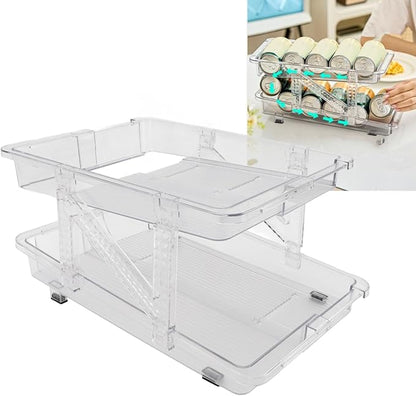 2 Tier Clear Retractable Beverage Dispenser Rolling Soda Can Organiser Adjustable Width Soda Can Organizers for Fridge Pantry Cabinet Countertop