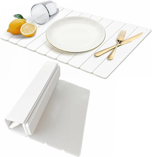 Large Stone Dish Drying Mats for Kitchen Counter - 24"(L)×16"(W) Quick Dry Collapsible Dish Drying Mat for Dishes Bottles Cups, Eco-friendly Diatomaceous Earth Absorbent Mat for Any Countertop White