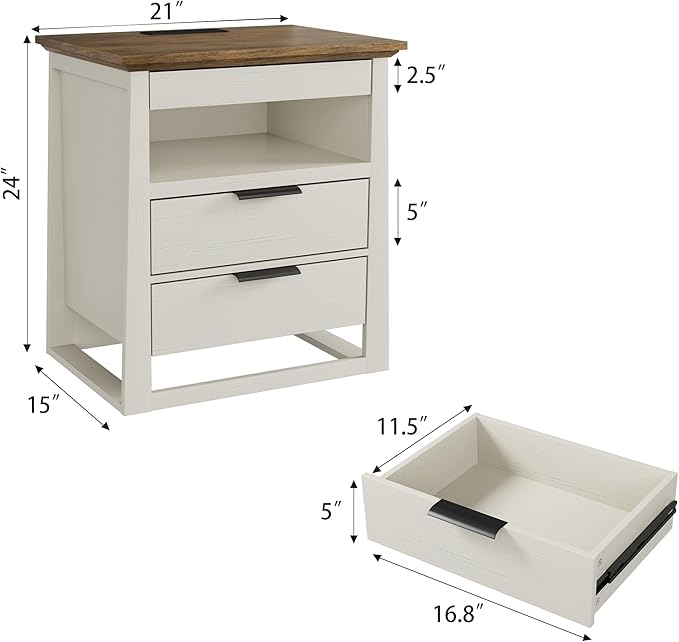Rresyet 3 Drawer Nightstand with Charging Station & LED Lights & Open Shelf, Modern Night Stand with Storage, Wooden Bedside Table for Bedroom Room, Office (White)