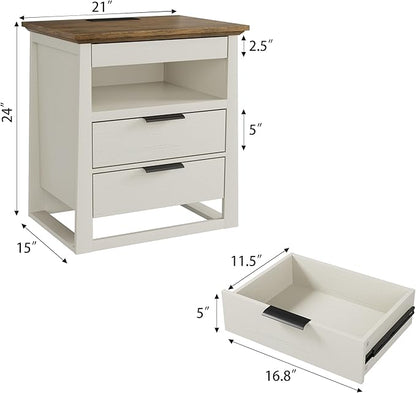 Rresyet 3 Drawer Nightstand with Charging Station & LED Lights & Open Shelf, Modern Night Stand with Storage, Wooden Bedside Table for Bedroom Room, Office (White)