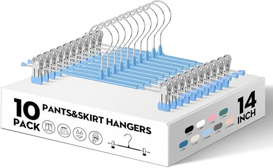 HWAJAN 10PACK 14Inch Pants Hangers with Clips Adjustable Skirt Hangers for Women Black Metal Non-Slip Trousers Hanger Heavy Duty Space Saving Clothes Hanger for Shorts,Jeans,Sky Blue