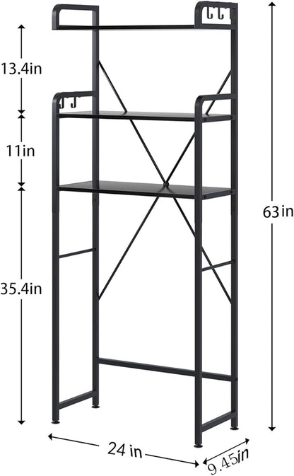 Huhote Over-The-Toilet Storage Rack with 3-Tier Shelves, Space Saver Toilet Shelf, Bathroom Storage Organizer with Hooks for Over-Toilet Storage (Black)