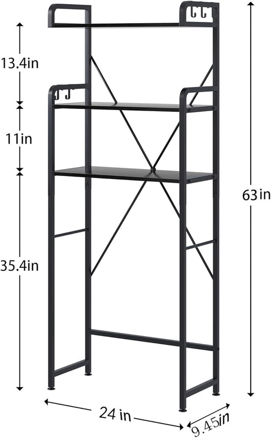 Huhote Over-The-Toilet Storage Rack with 3-Tier Shelves, Space Saver Toilet Shelf, Bathroom Storage Organizer with Hooks for Over-Toilet Storage (Black)
