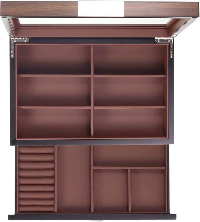 Decorebay Multi-Purpose Drawer, Sunglasses and Jewelry Box Wooden Storage Organizer with Saddle Brown Leather (Coffee Lover)