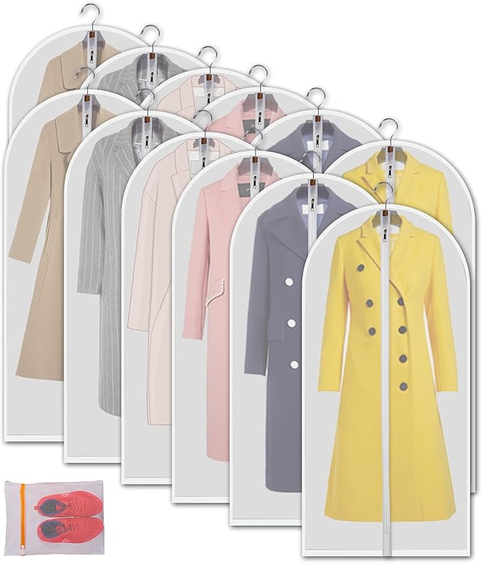 Garment storage clothing bags - 60 inch PEVA garment covers closet storage bag set for 12pcs with Mesh Laundry Bag Included