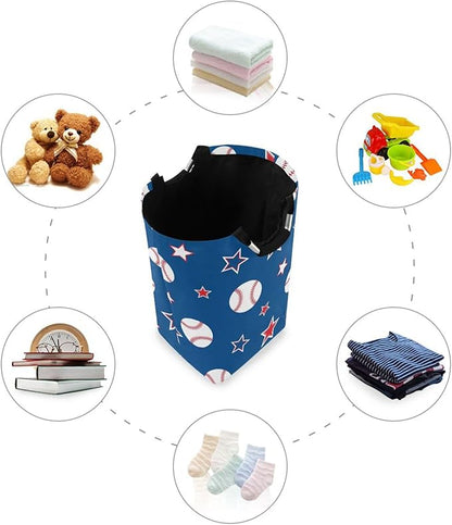 Laundry Hamper Basket Blue Baseball Stars Storage Basket Collapsible Clothes Hamper with Handle Decorative Organizer Bins Basket for Dirty Clothes Living Room Bathroom