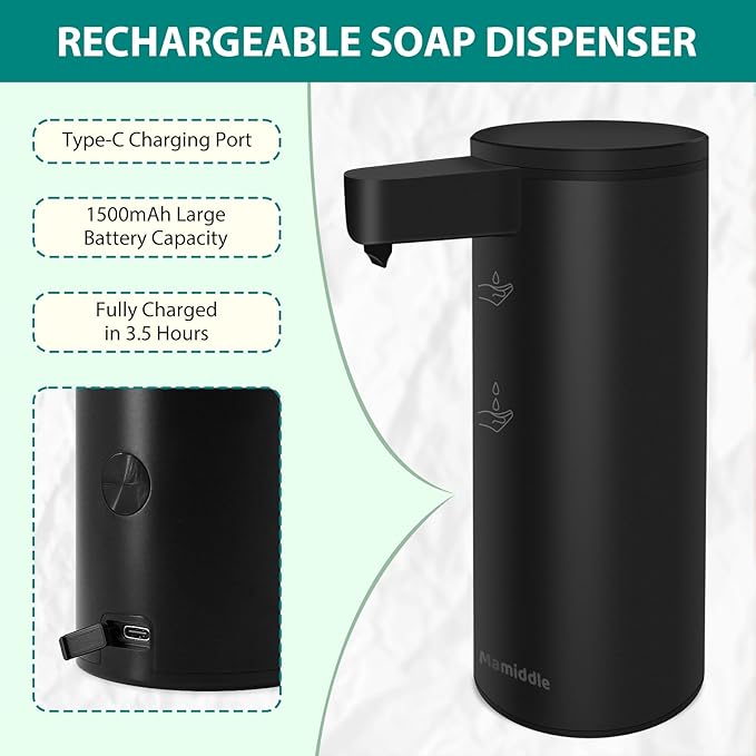 Mamiddle Automatic Soap Dispenser Stainless Steel with Sensor Infrared Soap Dispenser Electric IPX5 Waterproof USB-C Charging Motion Sensor for Kitchen & Bathroom (Black)