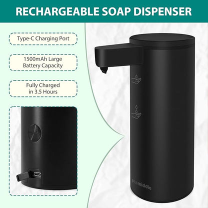 Mamiddle Automatic Soap Dispenser Stainless Steel with Sensor Infrared Soap Dispenser Electric IPX5 Waterproof USB-C Charging Motion Sensor for Kitchen & Bathroom (Black)