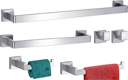 6 Pieces Bathroom Accessories Towel Bar SUS304 Stainless Steel Brushed Nickel Towel Holder Wall Mounted Heavy Duty Towel Rack Bathroom Towel Rod Modern Square Base Design(6, Brushed Nickel, 24 Inch)