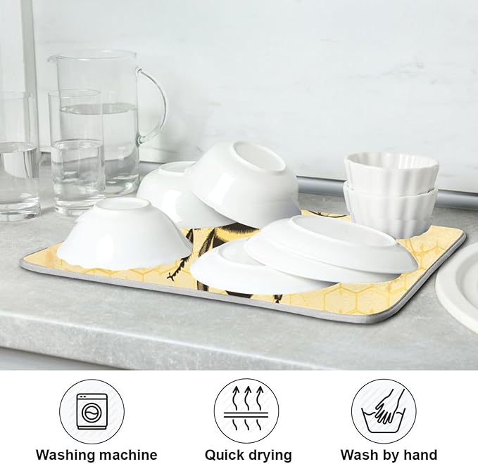 Chic Retro Art Honeycomb Bee Microfiber Dish Drying Kitchen Countertop Table Protector Multipurpose Counter Rack Sink Drainer Pad (16" x 18")