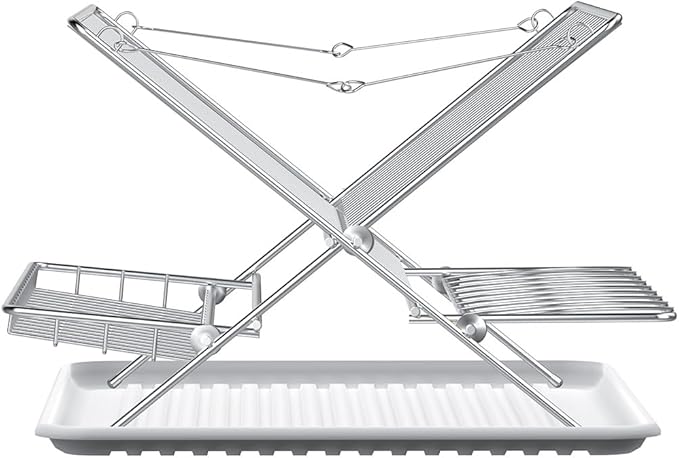 Over The Sink Dish Drying Rack, Collapsible 3 Tier Dish Racks for Kitchen Counter, Large Capacity Stainless Steel Dish Drainer with Utensil Holder and Drainboard (Upgraded)