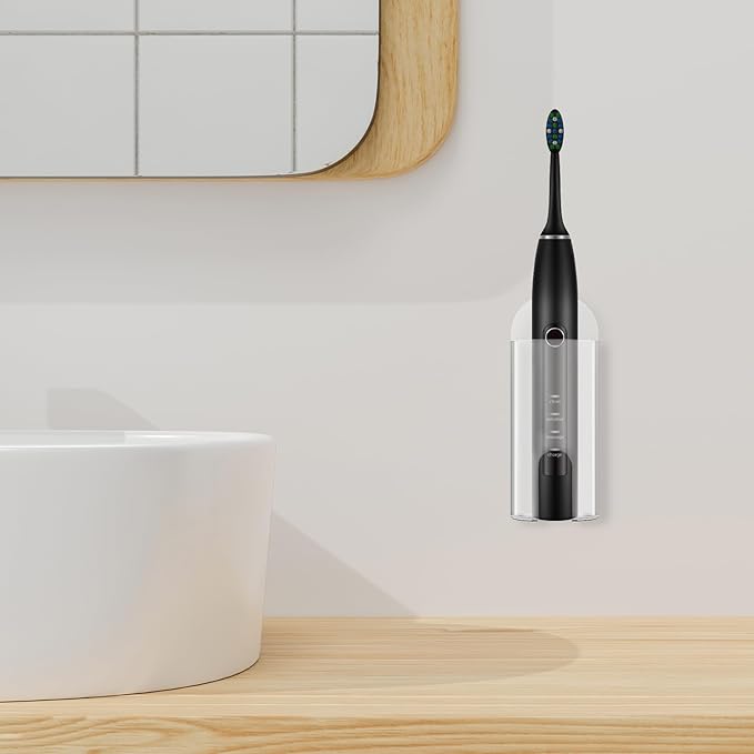 DODAMOUR 2 Pack Electric Toothbrush Holder Wall Mounted, Plastic Tooth Brush Holder with Charge Port, Self Adhesive Toothbrush Organizer for Bathroom (Clear)