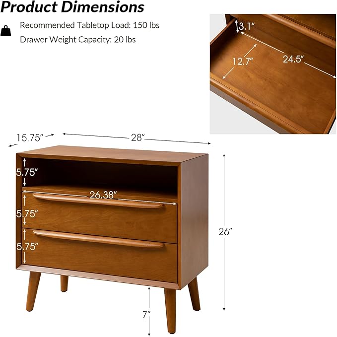 HULALA HOME End Table with Charging Station, Mid-Century Modern 2 Drawer and Open Shelf, Fluted End Table（Acorn）