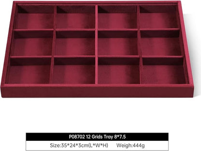 Velvet Stackable Jewelry Display Tray, 12 Grid Watch Bangle Bracelet Storage Tray, Makeup Drawer Insert Jewelry Shop Organizer Plate (Red)