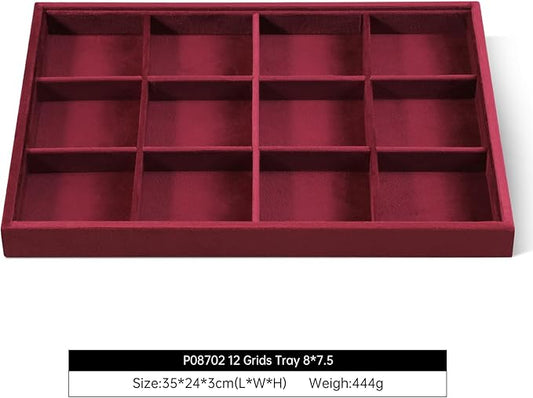 Velvet Stackable Jewelry Display Tray, 12 Grid Watch Bangle Bracelet Storage Tray, Makeup Drawer Insert Jewelry Shop Organizer Plate (Red)