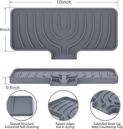 JOOKKI Sponge Holder for Kitchen Sink, Soap Tray for Sink & Counter, 9.8"×4.9" Soap Dish Mat, Silicone with Drain, Perfect for Dispenser, Scrubber, Bottle, Cup (Gray)