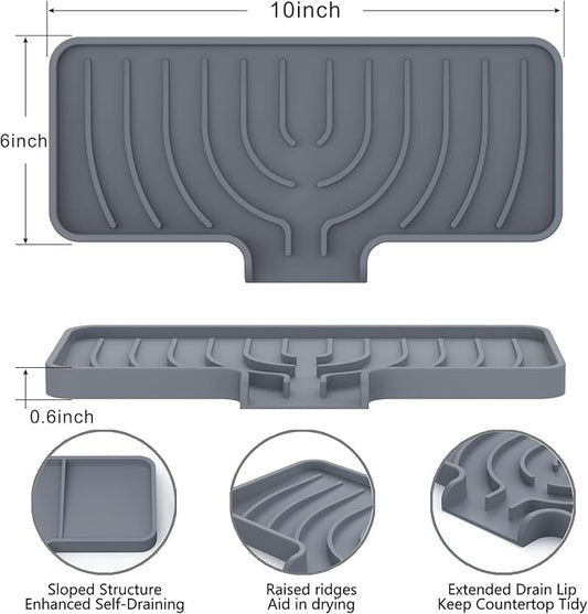 JOOKKI Sponge Holder for Kitchen Sink, Soap Tray for Sink & Counter, 9.8"×4.9" Soap Dish Mat, Silicone with Drain, Perfect for Dispenser, Scrubber, Bottle, Cup (Gray)