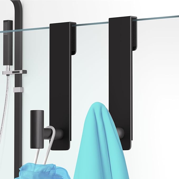 HUFEEOH Shower Towel Hooks, 7.5-Inch Extended Over Glass Shower Door Hanger for Towels & Robes, Rustproof Bathroom Towel Rack, 2-Pack (Black, T Shape)