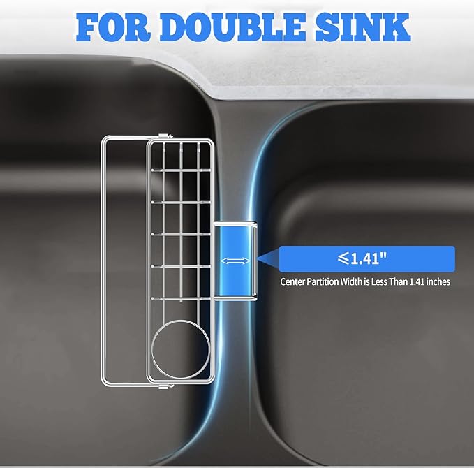 QMLALA Sponge Holder for Double Kitchen Sink, 3-in-1 Sink Caddy, Brush, Dish Towel, Sponge Sink Organizer Liquid Drainer Rack - SUS304 Stainless Steel
