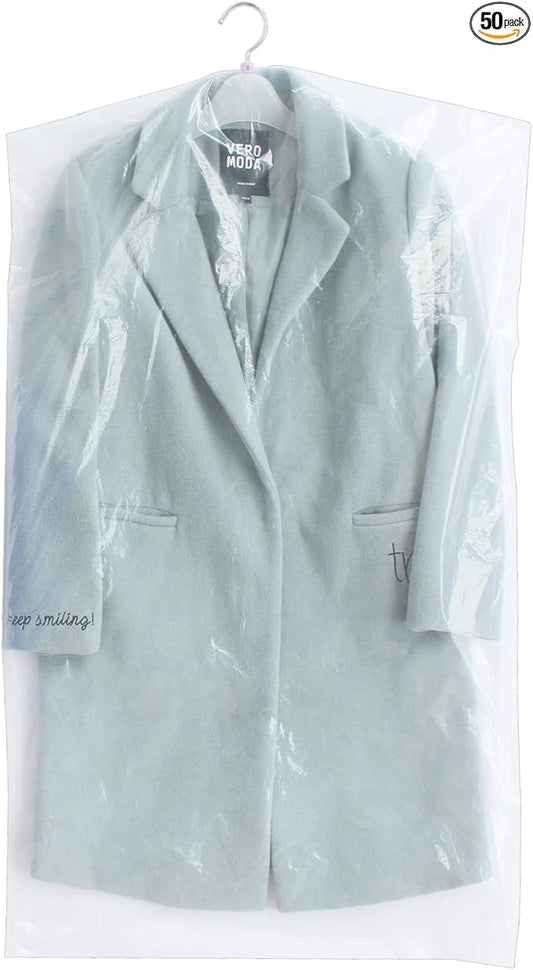 50 Pack 23.6x40inch Clear Plastic Clothes Covers for Hanging Clothes Dust Proof Garment Bags for Small Business Dry Cleaning Store and Home Closet Storage Suit Cover