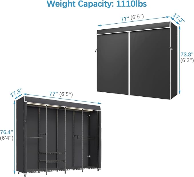VIPEK V40LC Covered Clothes Rack with Dimmable LED Lights, Heavy Duty Garment Rack with Cover Portable Closet Wardrobe Clothing Rack for Hanging Clothes, Black Closet Rack with Black Oxford Cover