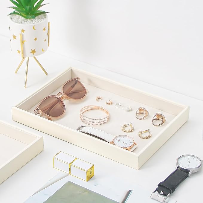 Stackable Jewelry Organizer Tray For Drawers,White Leather Small Earring Storage Tray,Bracelet And Necklace Display Box,Jewelry Ring Display Case (Creamy White Blank Trays)