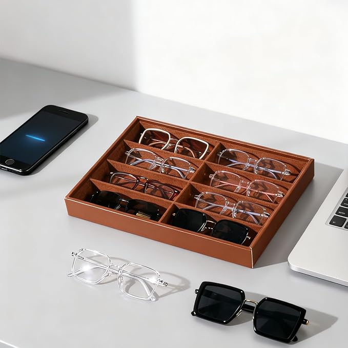XHMQYC Glasses Holder Box Drawer Sunglass Organizer for Men Clear Wide Storage Case 8 Slots Multiple Reading Glasses Display, Brown Leather