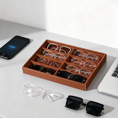 XHMQYC Glasses Holder Box Drawer Sunglass Organizer for Men Clear Wide Storage Case 8 Slots Multiple Reading Glasses Display, Brown Leather