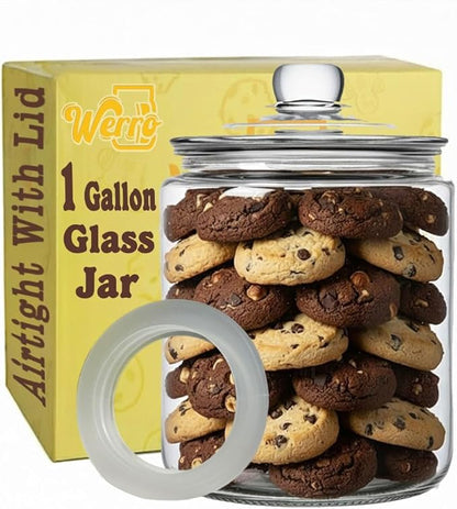 Glass Cookie Jar - 1 Gallon Wide Mouth Glass Jar With Lid - Extra Gasket - Large Food Storage Container, Candy Jar With Airtight Lid, Pet Food, Flour, Detergent Pods, Kitchen or Laundry Room