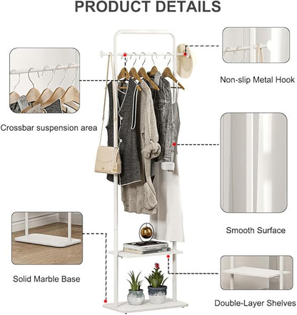Clothing Rack, White Metal Freestanding Coat Rack, Modern Coat Rack Stand with Marble Base, Small Garment Rack for Boutiques, Entryway (White, 19.7")