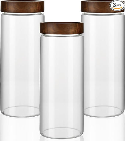 3 Pack 50 fl oz/1500 ml Clear Glass Storage Canister with Airtight Wooden Screw On Lid, Large Tall Decorative Glass Container Jar Set for Coffee, Nut, Tea, Candy, Cookie, Cereal, Sugar, Flour