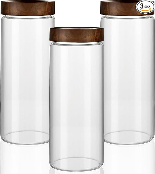 3 Pack 50 fl oz/1500 ml Clear Glass Storage Canister with Airtight Wooden Screw On Lid, Large Tall Decorative Glass Container Jar Set for Coffee, Nut, Tea, Candy, Cookie, Cereal, Sugar, Flour