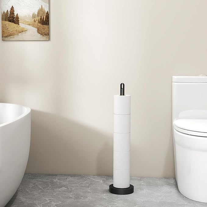 Toilet Paper Holder Stand, Free Standing Tissue Paper Roll Storage Holder with Reserve for Bathroom Countertop with Stainless Steel Heavy Weighted, 1Pack Matte Black
