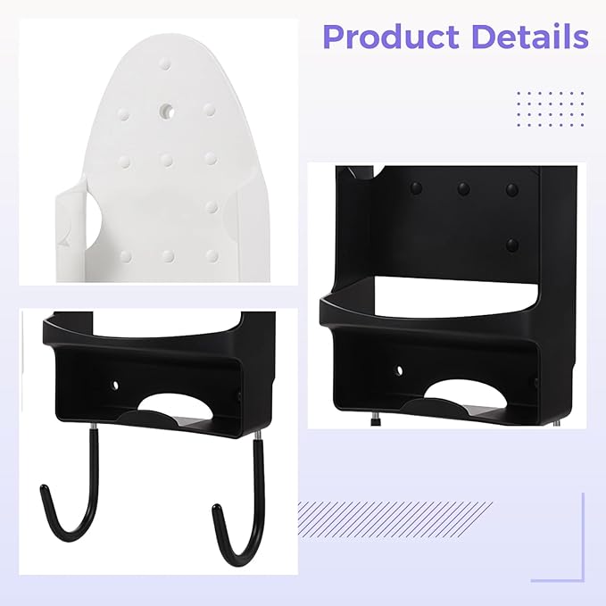 Heavy Duty Ironing Board Wall Mount, Iron Holder, Hooks, Shelf, Pbt Plastic, 55 Lbs 1.85 Oz (25 Kg) Capacity, Easy Installation