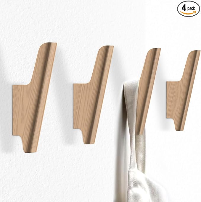 Wood Wall Hooks 4 Pack Coat Hooks Wall Mount Natural Wooden Hooks for Hanging Hat, Bag, Backpack, Rustic Coat Hooks for Wall, Wood Towel Hooks for Bathrooms and Entryway Hooks